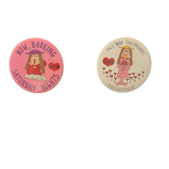 Set of 2 vintage Cathy Cartoon Buttons- Pink and White GVC - Picture 1 of 5